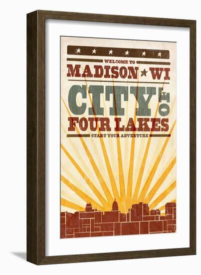 Madison, Wisconsin - Skyline and Sunburst Screenprint Style-Lantern Press-Framed Art Print