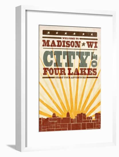 Madison, Wisconsin - Skyline and Sunburst Screenprint Style-Lantern Press-Framed Art Print