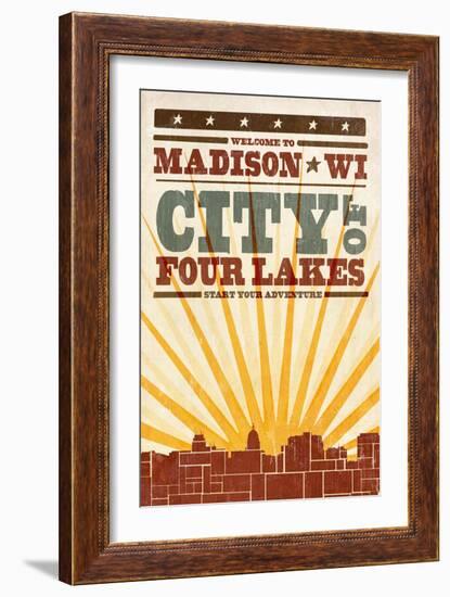 Madison, Wisconsin - Skyline and Sunburst Screenprint Style-Lantern Press-Framed Art Print