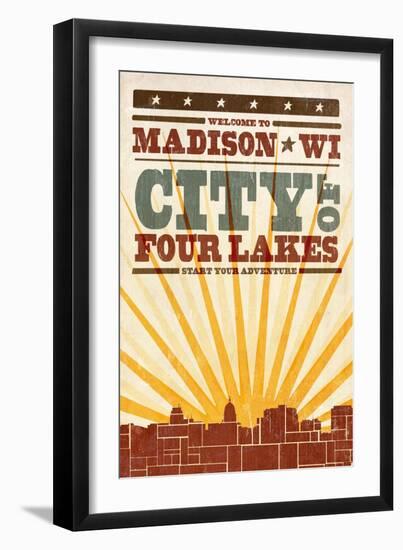 Madison, Wisconsin - Skyline and Sunburst Screenprint Style-Lantern Press-Framed Art Print