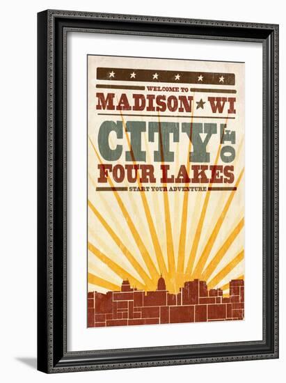 Madison, Wisconsin - Skyline and Sunburst Screenprint Style-Lantern Press-Framed Art Print