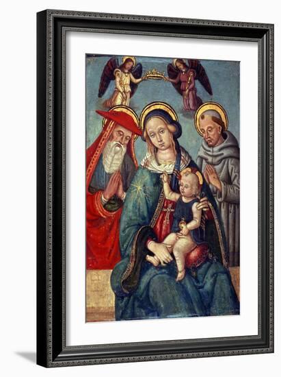 Madonna and Child Being Crowned by Two Angels, with St. Jerome and St. Francis, C.1500-null-Framed Giclee Print