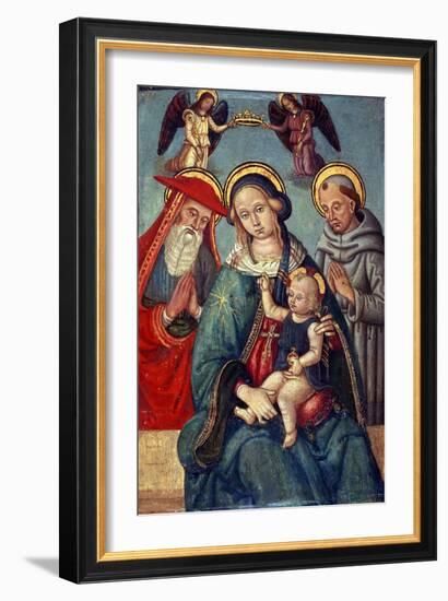 Madonna and Child Being Crowned by Two Angels, with St. Jerome and St. Francis, C.1500-null-Framed Giclee Print