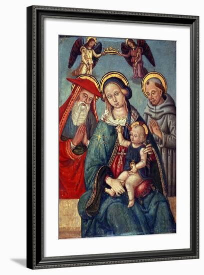 Madonna and Child Being Crowned by Two Angels, with St. Jerome and St. Francis, C.1500-null-Framed Giclee Print