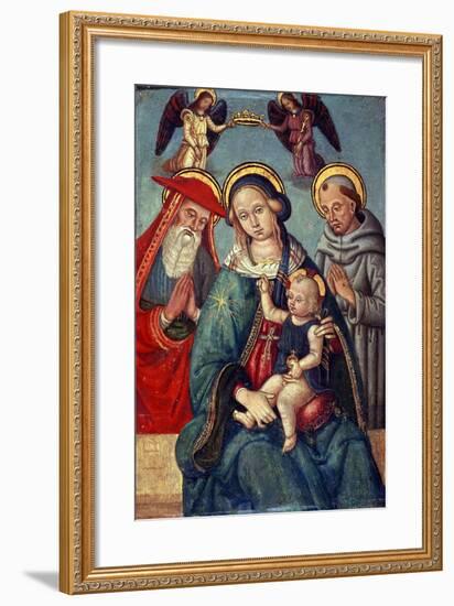 Madonna and Child Being Crowned by Two Angels, with St. Jerome and St. Francis, C.1500-null-Framed Giclee Print