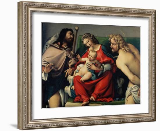 Madonna and Child Between Saints Roch and Sebastian-Lorenzo Lotto-Framed Giclee Print