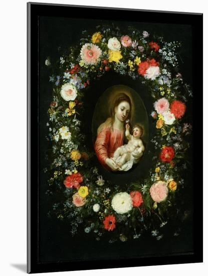 Madonna and Child Surrounded by a Garland of Flowers-Jan Brueghel the Younger-Mounted Giclee Print
