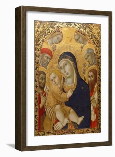 Madonna and Child with Saints Jerome, John the Baptist, Bernardino and Bartholomew, Ca 1450-1475-Sano di Pietro-Framed Giclee Print