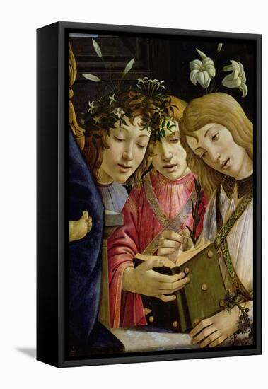 Madonna and Child with the Young St. John the Baptist and Angels: Detail Showing Three Angels-Sandro Botticelli-Framed Premier Image Canvas