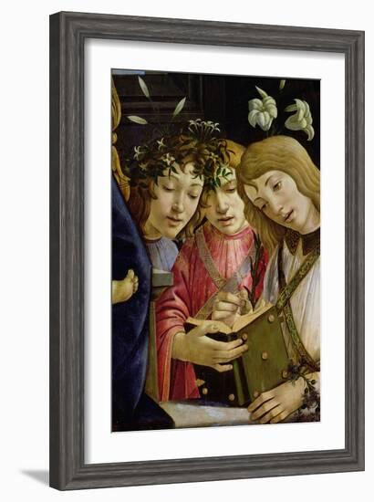 Madonna and Child with the Young St. John the Baptist and Angels: Detail Showing Three Angels-Sandro Botticelli-Framed Giclee Print