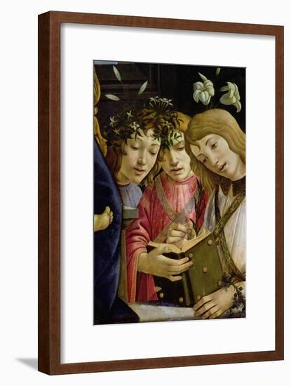 Madonna and Child with the Young St. John the Baptist and Angels: Detail Showing Three Angels-Sandro Botticelli-Framed Giclee Print