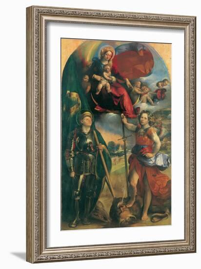 Madonna in Glory with Child, Angels & Sts George and Michael Archangel-Dosso Dossi-Framed Art Print