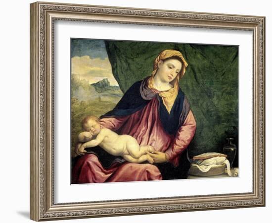 Madonna with Sleeping Child, Between 1540 and 1560-Paris Bordone-Framed Giclee Print