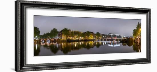 Magere Brug over the River Amstel and Canal Houses Illuminated on Foggy Evening-null-Framed Photographic Print