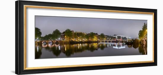 Magere Brug over the River Amstel and Canal Houses Illuminated on Foggy Evening-null-Framed Photographic Print