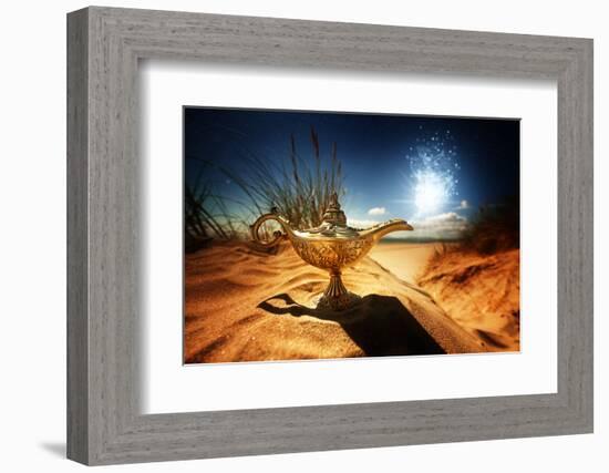 Magic Lamp in the Desert from the Story of Aladdin with Genie Appearing in Blue Smoke Concept for W-Flynt-Framed Photographic Print