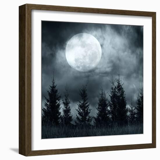 Magic Landscape with Pine Tree Forest under Dramatic Cloudy Sky at Full Moon Mysterious Night-Perfect Lazybones-Framed Photographic Print