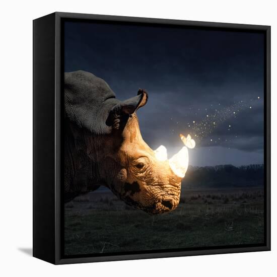 Magical butterfly sitting on the rhino-Marina Pissarova-Framed Stretched Canvas