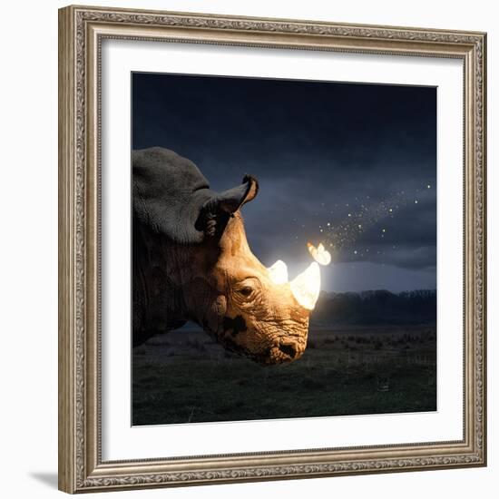 Magical butterfly sitting on the rhino-Marina Pissarova-Framed Art Print