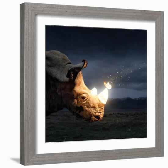 Magical butterfly sitting on the rhino-Marina Pissarova-Framed Art Print