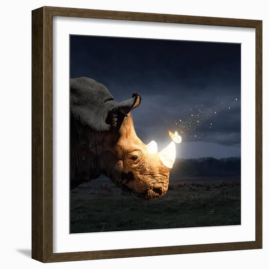 Magical butterfly sitting on the rhino-Marina Pissarova-Framed Art Print