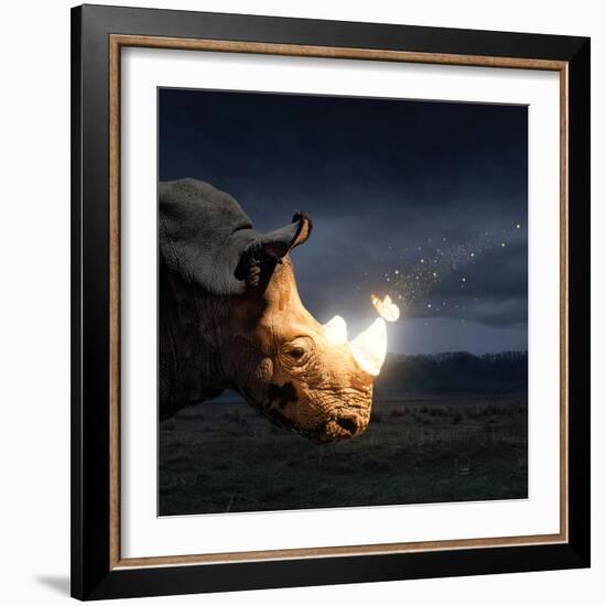 Magical butterfly sitting on the rhino-Marina Pissarova-Framed Art Print