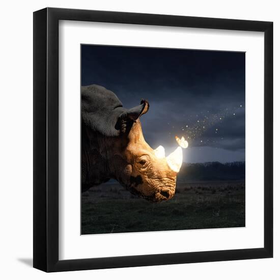 Magical butterfly sitting on the rhino-Marina Pissarova-Framed Art Print