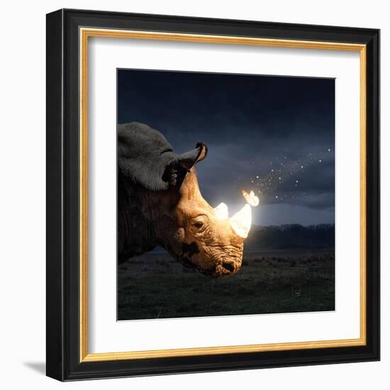 Magical butterfly sitting on the rhino-Marina Pissarova-Framed Art Print