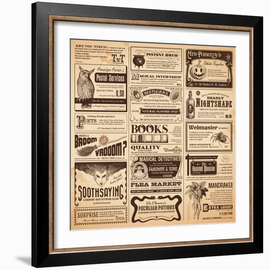 Magical Newspaper Page with Classifieds - Perfect for Halloween-shootandwin-Framed Art Print