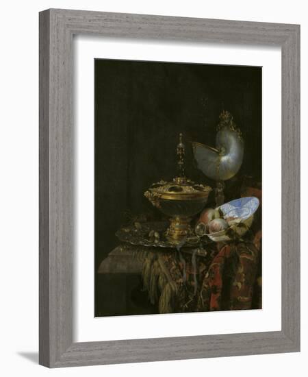 Magnificent Still Life With Holbein Bowl, Nautilus And Glass Cup And Fruit Bowl, 1678-Willem Kalf-Framed Giclee Print