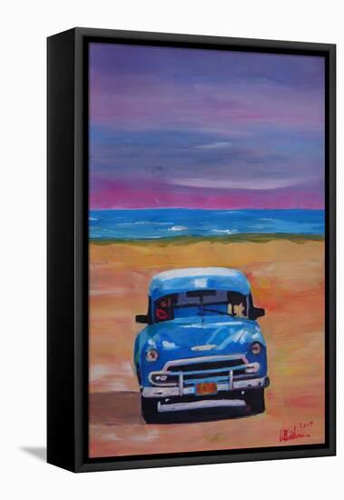 Magnificient Blue Oldtimer in Cuba at Beach-Markus Bleichner-Framed Stretched Canvas