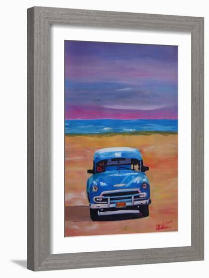 Magnificient Blue Oldtimer in Cuba at Beach-Markus Bleichner-Framed Art Print