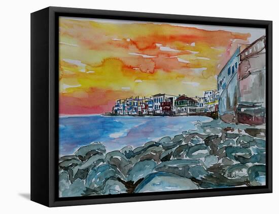 Magnificient Mykonos Sunset Little Venice Greece-Markus Bleichner-Framed Stretched Canvas