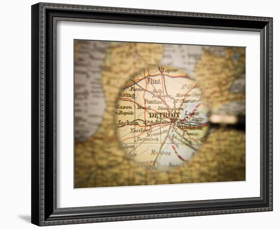 Magnifying Glass In Front Of A Detroit Map-gemenacom-Framed Art Print