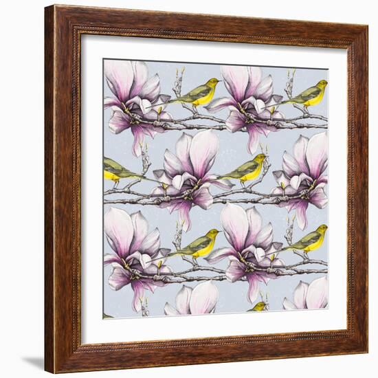 Magnolia and Yellow Wagtails, 2019 (Watercolour, Pen, Ink)-Andrew Watson-Framed Giclee Print