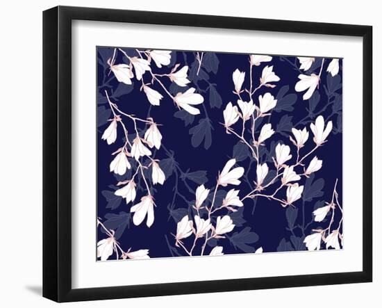 Magnolia Flower Vector Illustration. Seamless Pattern with White Flowers on a Navy Blue Background.-PinkCactus-Framed Art Print