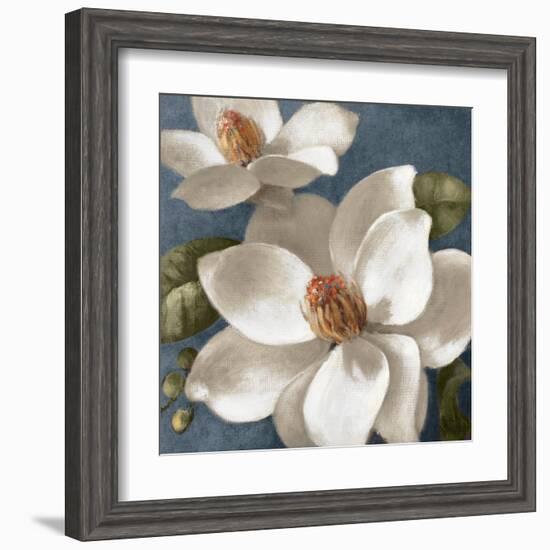 Magnolias on Blue I-Lanie Loreth-Framed Art Print