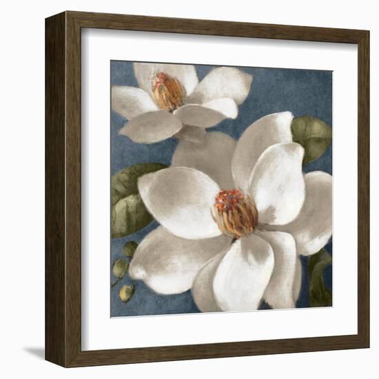 Magnolias on Blue I-Lanie Loreth-Framed Art Print