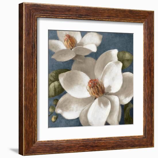 Magnolias on Blue I-Lanie Loreth-Framed Art Print