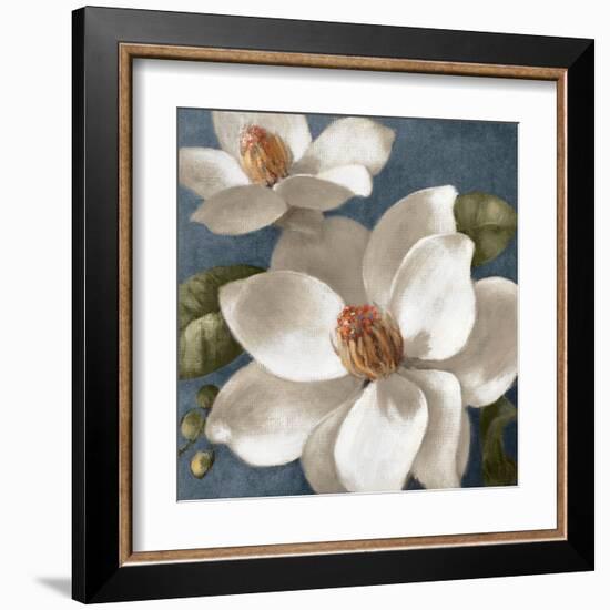 Magnolias on Blue I-Lanie Loreth-Framed Art Print