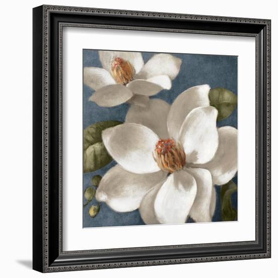 Magnolias on Blue I-Lanie Loreth-Framed Art Print