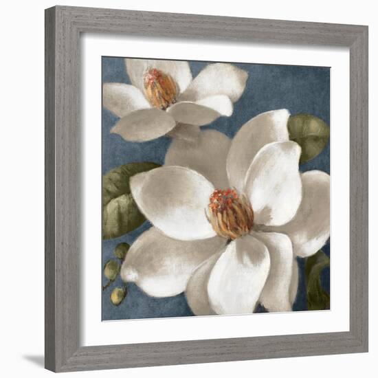 Magnolias on Blue I-Lanie Loreth-Framed Art Print