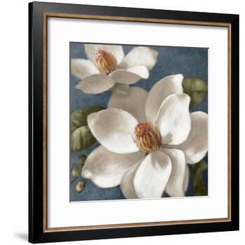 Magnolias on Blue I-Lanie Loreth-Framed Art Print