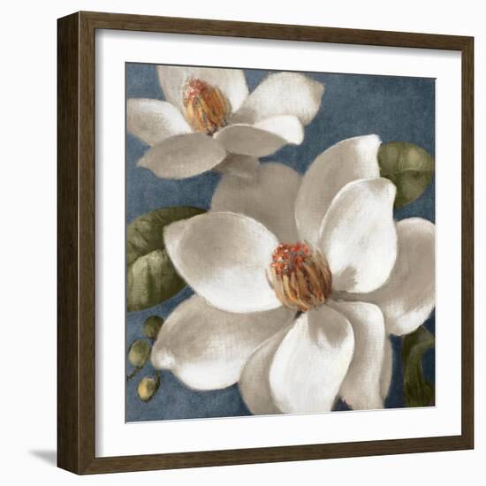 Magnolias on Blue I-Lanie Loreth-Framed Art Print