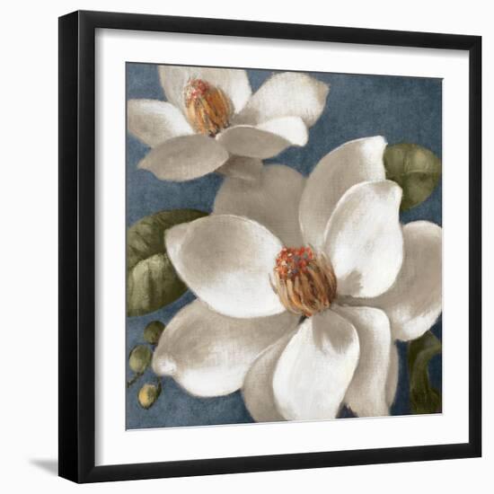 Magnolias on Blue I-Lanie Loreth-Framed Art Print
