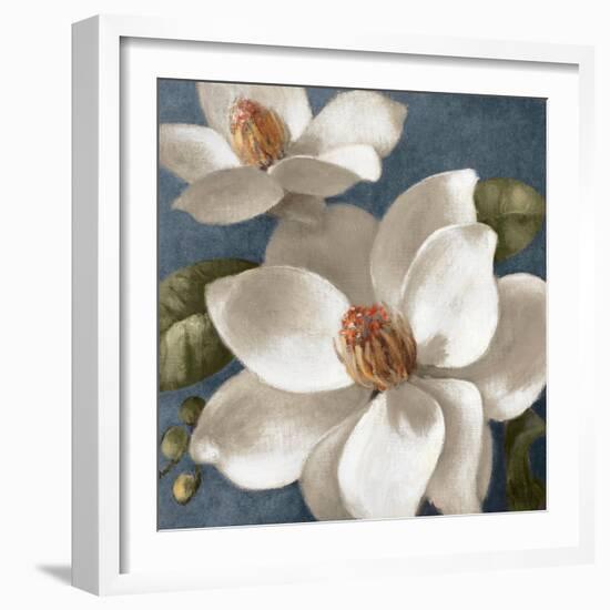 Magnolias on Blue I-Lanie Loreth-Framed Art Print