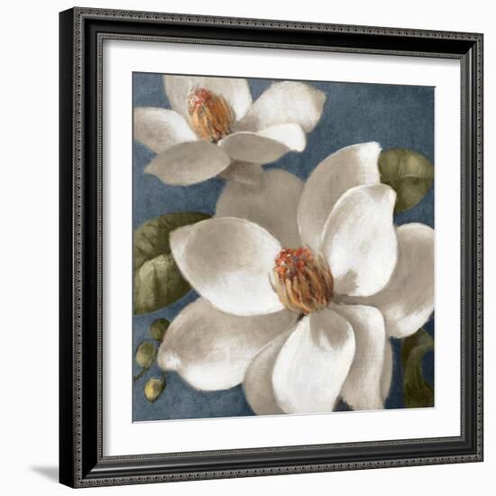 Magnolias on Blue I-Lanie Loreth-Framed Art Print