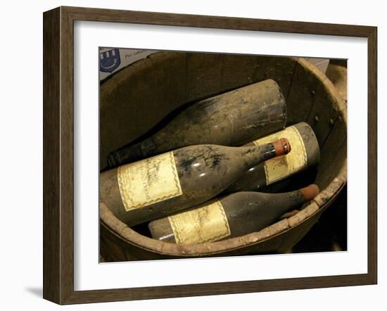 Magnum Bottles in Wooden Vat at Chateau Saint Cosme, Gigondas, Vaucluse, Rhone, Provence, France-Per Karlsson-Framed Photographic Print