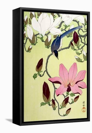 Magpie with Pink and White Magnolia Blossoms-Koson Ohara-Framed Premier Image Canvas