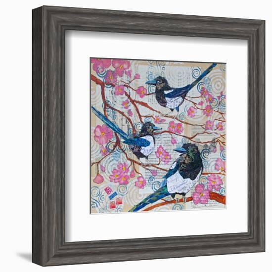 Magpies And Pink Blossoms-null-Framed Art Print